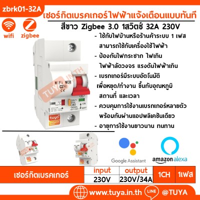 ZBRK01-32A เซอร์กิตเบรคเกอร์ไฟฟ้าแจ้งเตือนแบบทันที ควบคุมการทำงานโดยสวิตช์ หรือแอปพลิเคชันบนโทรศัพท์มือถือ Zigbee 3.0 1สวิตซ์ 32A 230V