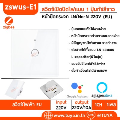ZSWEU-E1 สวิตช์เปิด/ปิดไฟแบบทัชสีขาว L/N 220V แบบ1ปุ่มกด (EU) จตุรัส