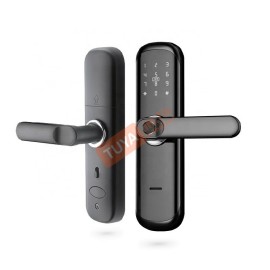 DL-M04 ลูกบิดล็อคประตูแบบก้านจับทรงแคปซูล สีดำ ลายนิ้วมือ+รหัส+การ์ด+กุญแจ WIFI AAA*4