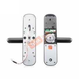 DL-M04 ลูกบิดล็อคประตูแบบก้านจับทรงแคปซูล สีดำ ลายนิ้วมือ+รหัส+การ์ด+กุญแจ WIFI AAA*4