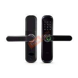 DL-M04 ลูกบิดล็อคประตูแบบก้านจับทรงแคปซูล สีดำ ลายนิ้วมือ+รหัส+การ์ด+กุญแจ WIFI AAA*4